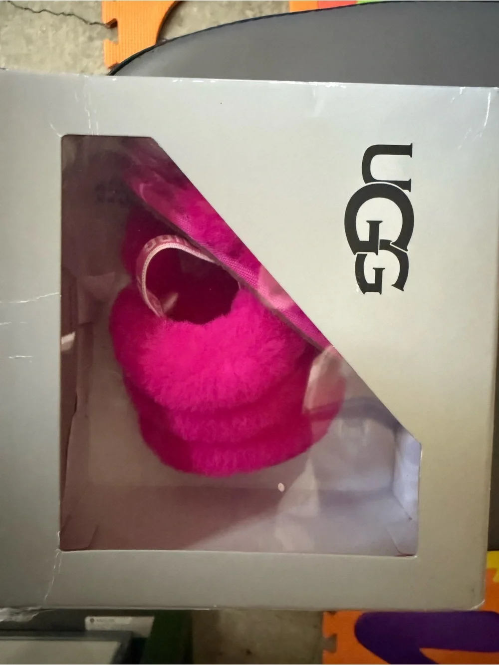 UGG Kids Hot Pink Fluff Slides with Branded Strap